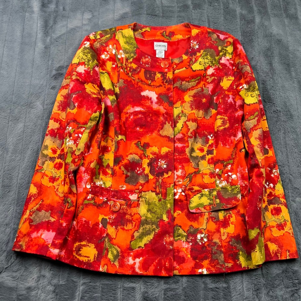 Chicos Red Orange Floral Cotton Blend Blazer Jacket Size 2 Large RN 79984